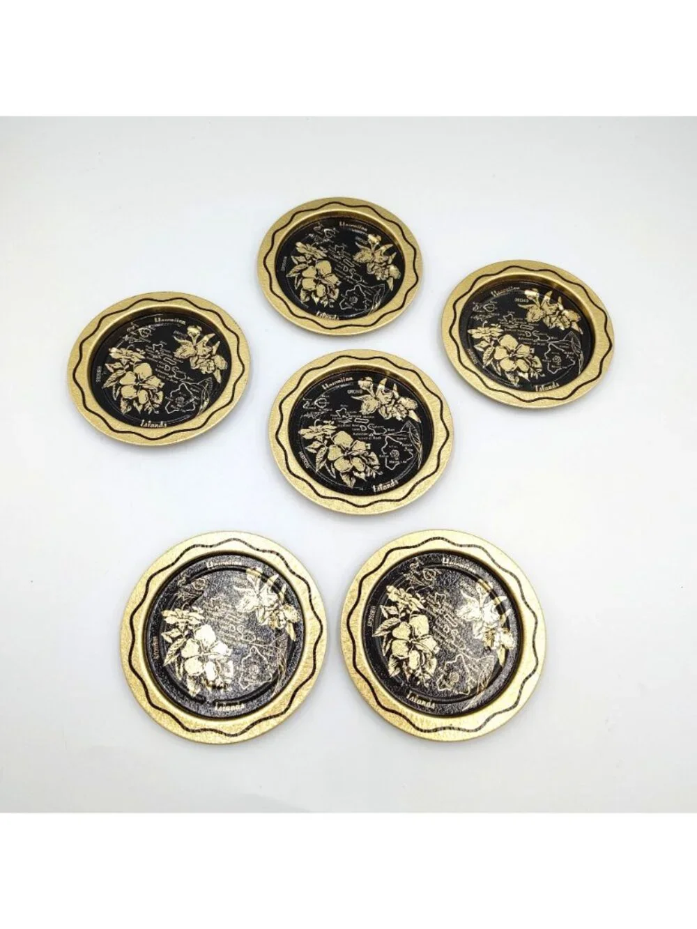 Hawaii Souvenir Metal Coaster Set 6 Vintage Gold Black Orchid Island Map 3.5